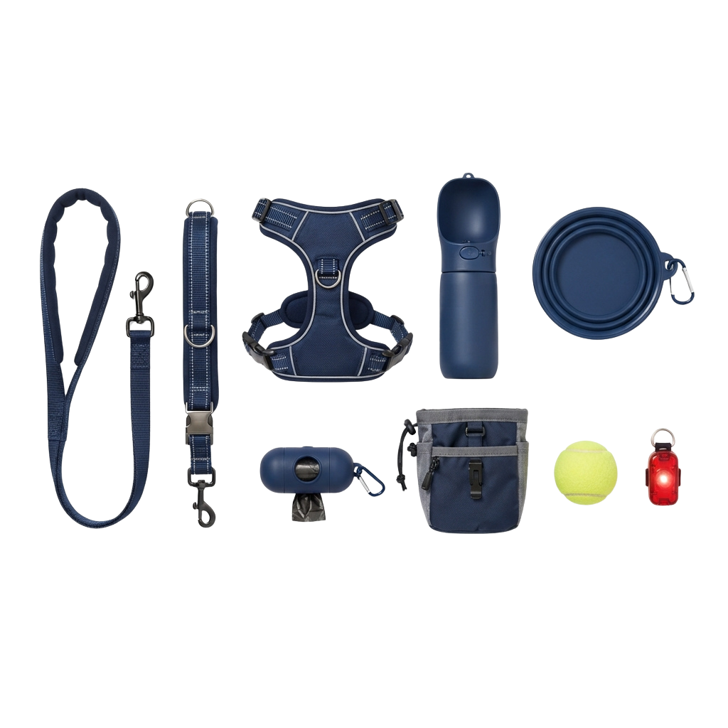 A collection of pet travel gear including a harness, leash, collapsible bowl, toy, water bottle, pouch, and light-up ball.