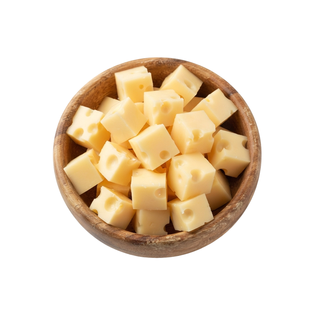 A wooden bowl filled with small, evenly cut cubes of pale yellow cheese