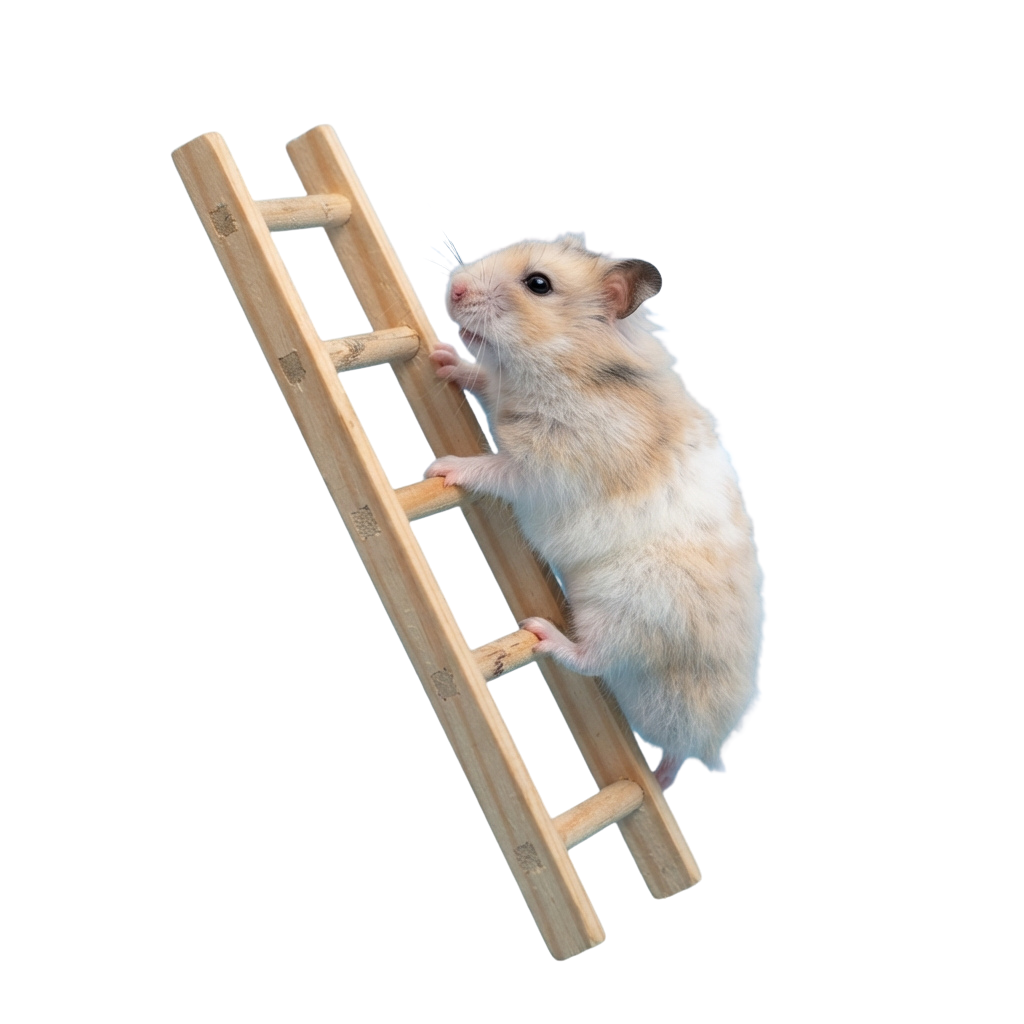 A light-colored hamster climbing up a wooden ladder against a black background