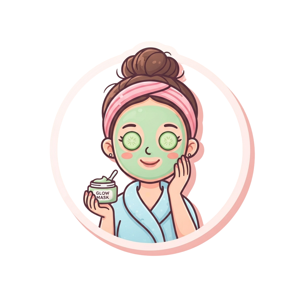 Illustration of a woman with a green facial mask on, holding a jar labeled glow mask, smiling happily