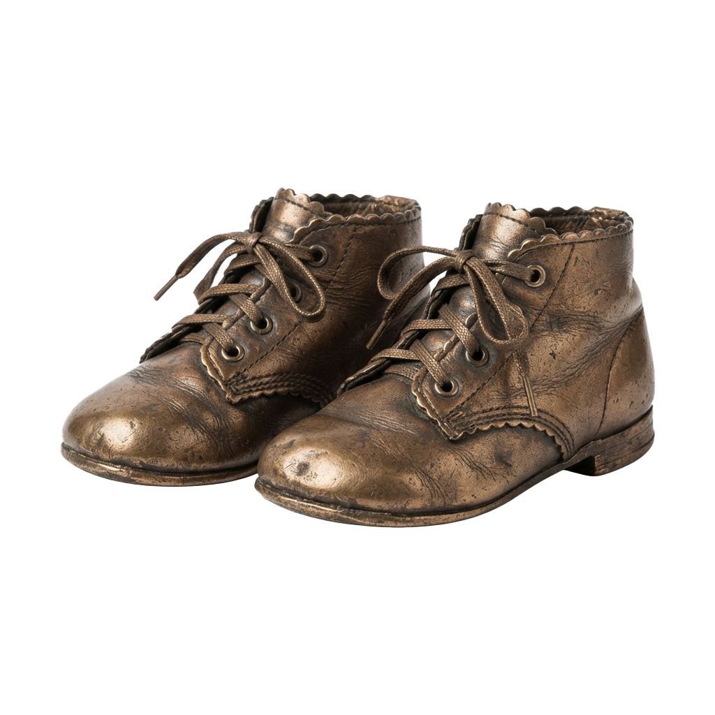 A pair of worn brown leather lace-up children's shoes with scuffed soles and frayed edges