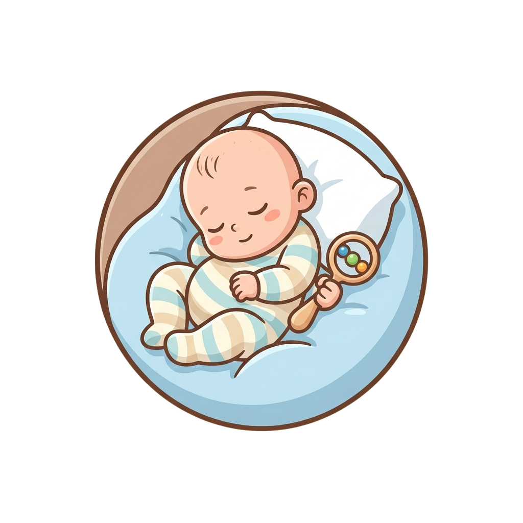 A baby in striped pajamas sleeping peacefully on a cloud, holding a colorful magic wand.