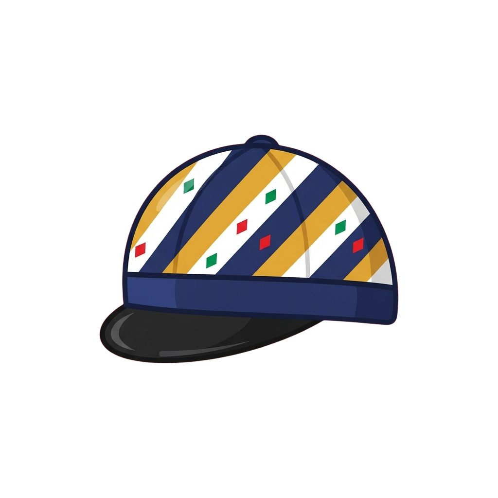 A racing helmet featuring blue, white, and yellow diagonal stripes with red and green diamond-shaped emblems