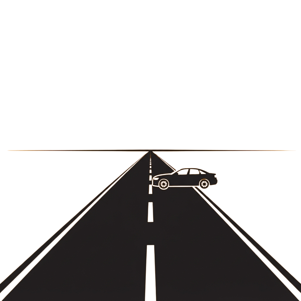 A car driving on a road with dashed lane markings and streetlights at night