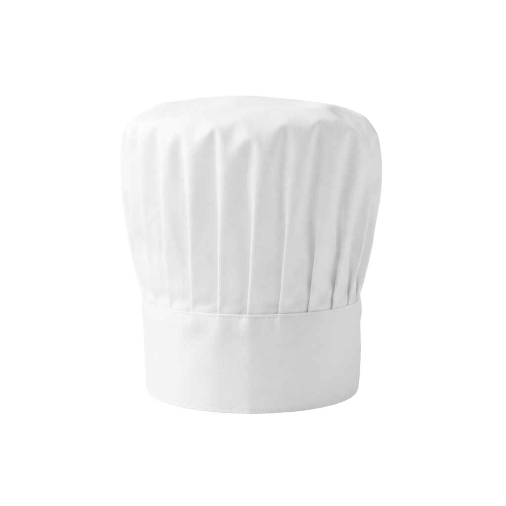A white chef hat displayed against a black background.