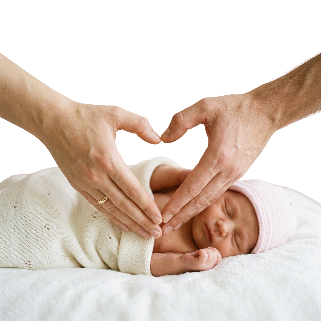 Two adult hands forming a heart shape with a newborn baby’s hands.