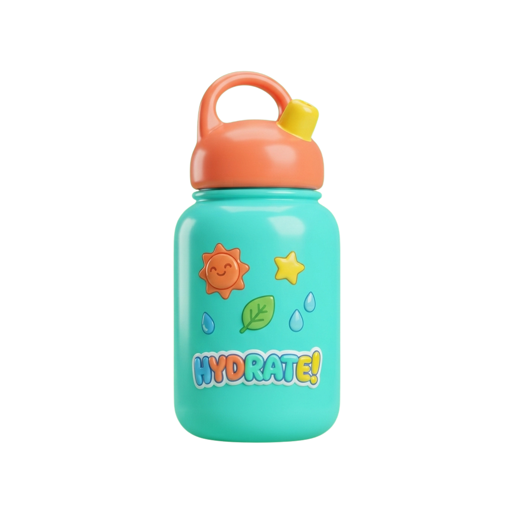 A turquoise water bottle with a coral handle and spout, featuring a sun, stars, raindrops, and leaf design, labeled Hydrate
