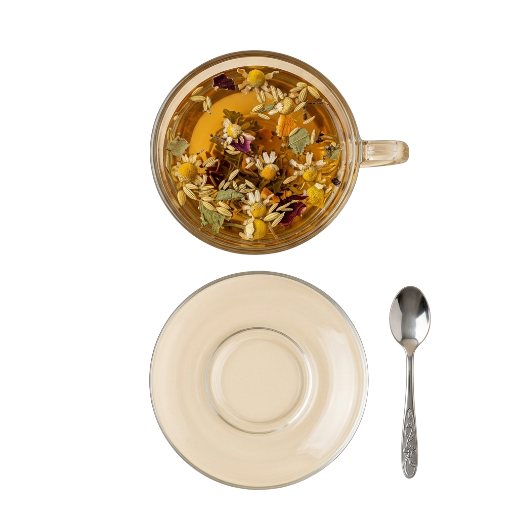 A glass cup filled with herbal tea containing flower petals and seeds, placed on a saucer with a spoon beside it