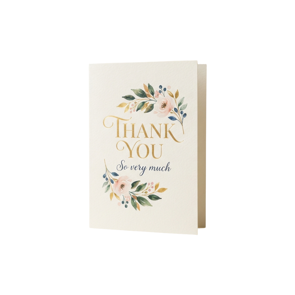A thank you card featuring watercolor flowers and the text Thank You So Very Much in cursive font