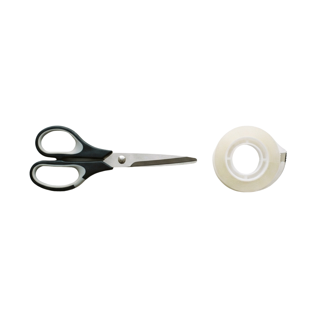 Pair of black-handled scissors and a roll of white tape on a black background
