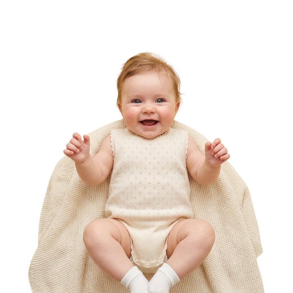 A smiling baby sitting on a soft beige blanket, wearing a light-colored knit outfit and socks.