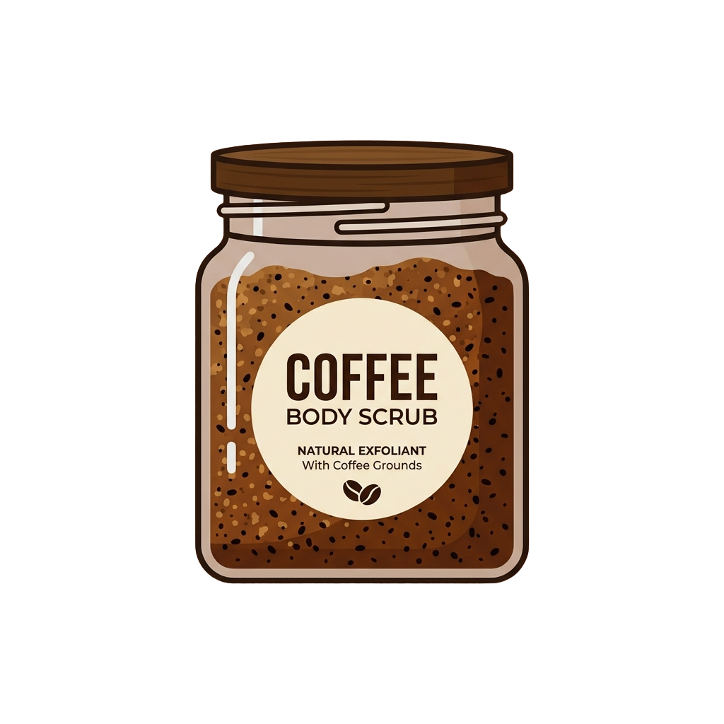 Illustration of a jar labeled Coffee Body Scrub with coffee grounds inside