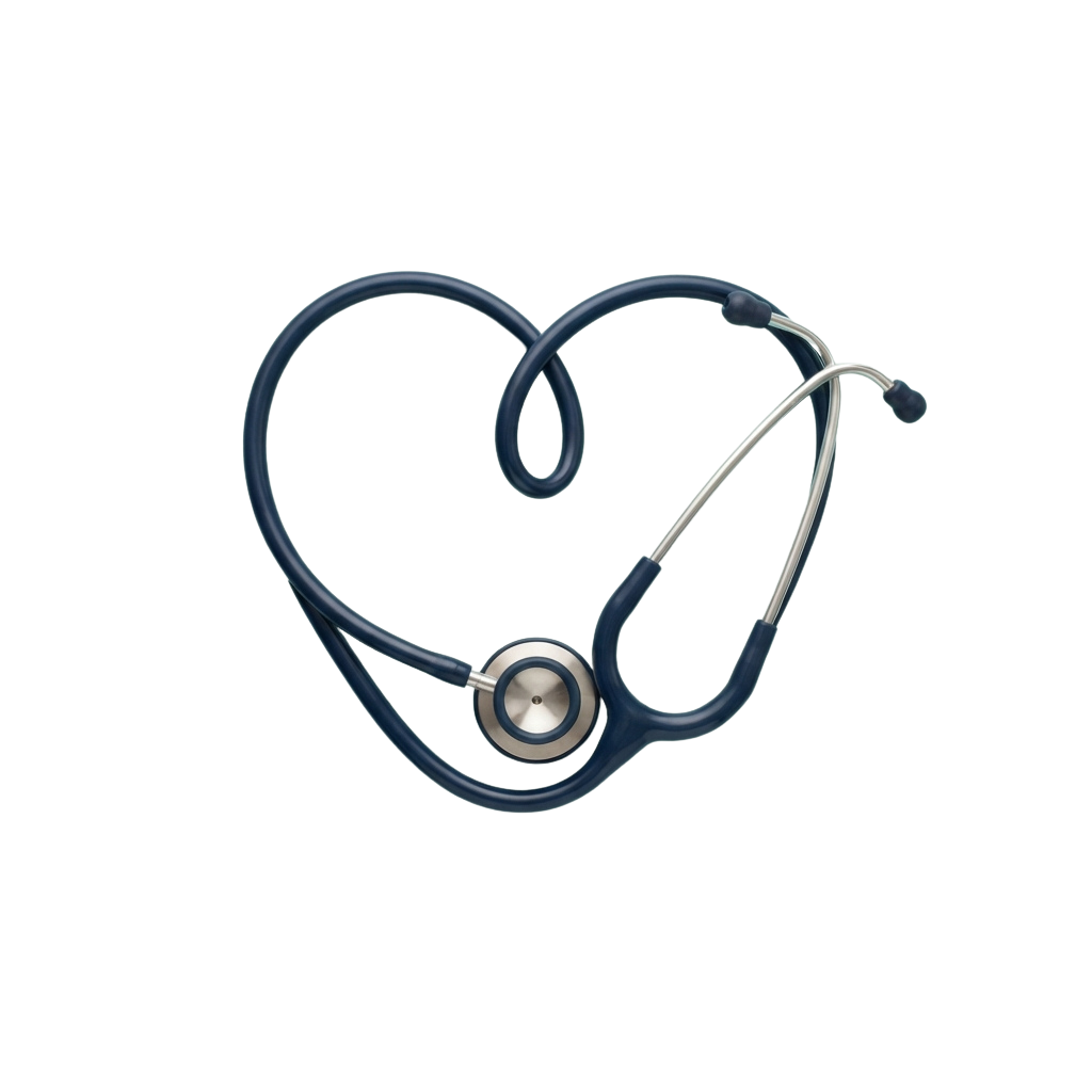 A stethoscope arranged in a heart shape against a black background