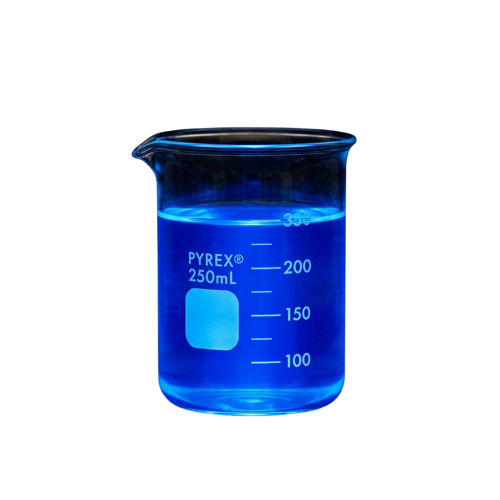 A clear glass beaker containing blue liquid, labeled 250ml with measurement markings at 100, 150, and 200ml