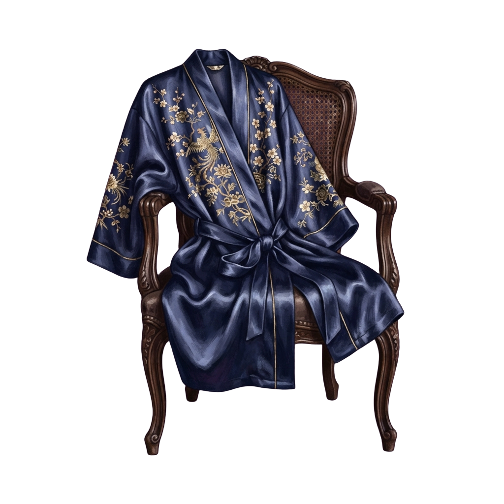 Dark blue silk robe with gold floral embroidery tied at the waist, displayed on an antique wooden chair