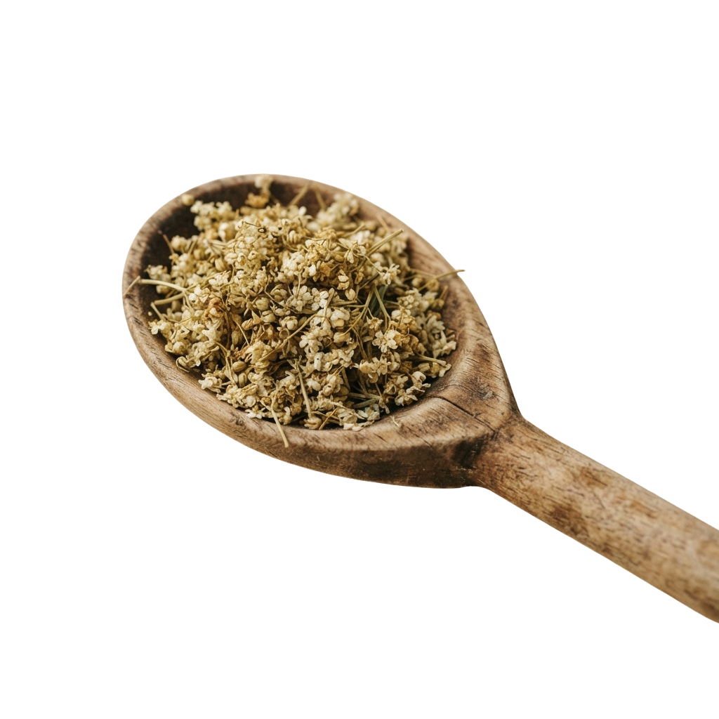 A wooden spoon holding dried herb leaves against a black background