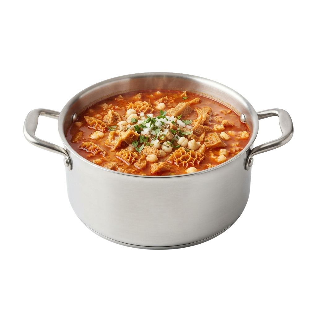 A metal pot filled with chicken and chickpea stew garnished with green herbs and white onions