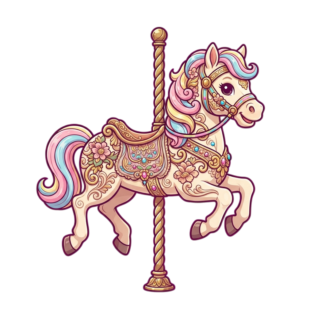 Decorative carousel horse with ornate patterns, rainbow mane and tail, standing on a gold pole against a black background