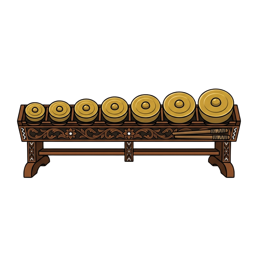 A wooden gong stand with intricate carvings holding five gold-toned gongs in a row