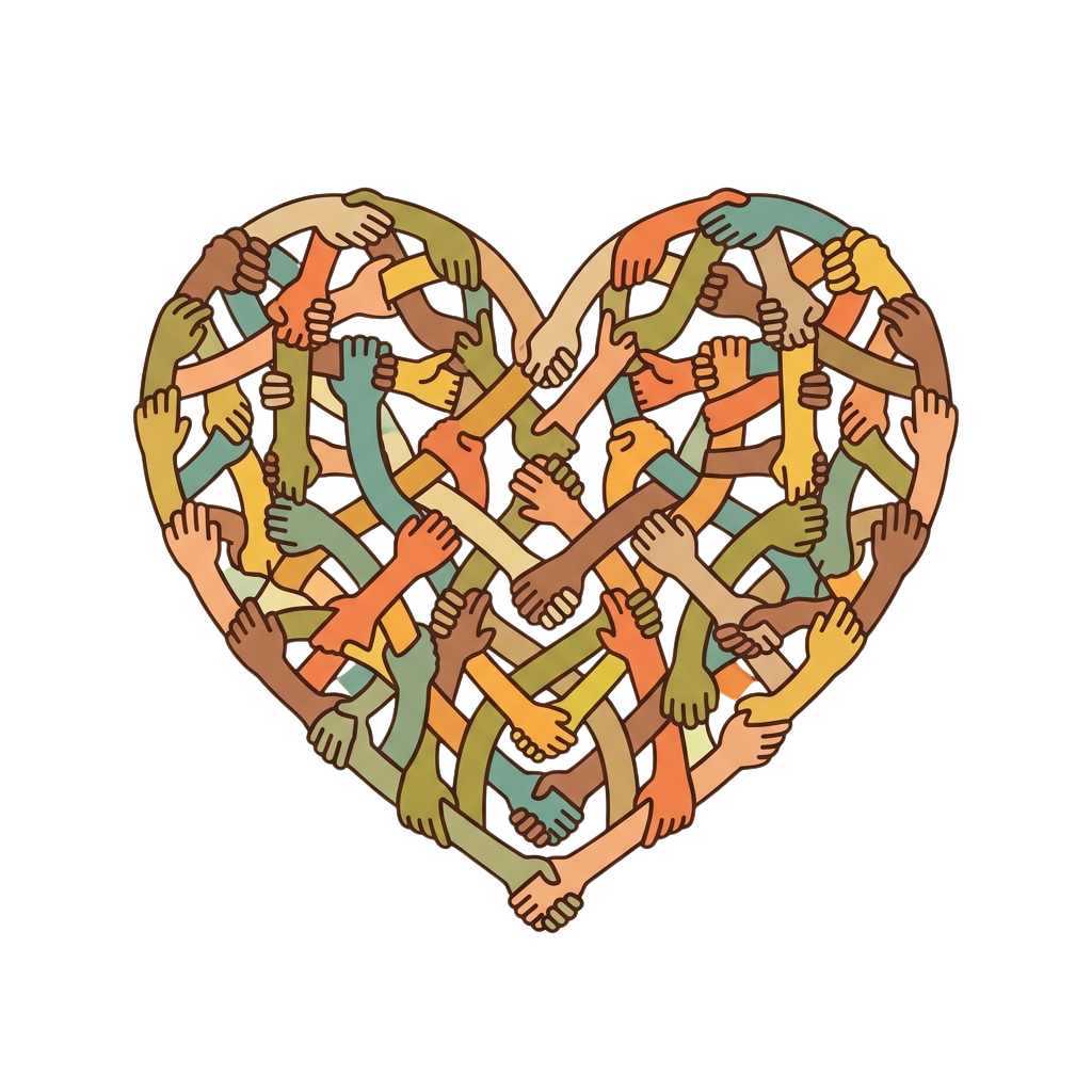 Heart shape formed by many hands of different skin tones holding together, symbolizing unity and community.