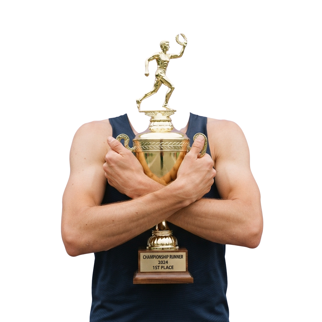 Person holding a large golden trophy with a runner statue on top, celebrating a 1st place championship win in 2024