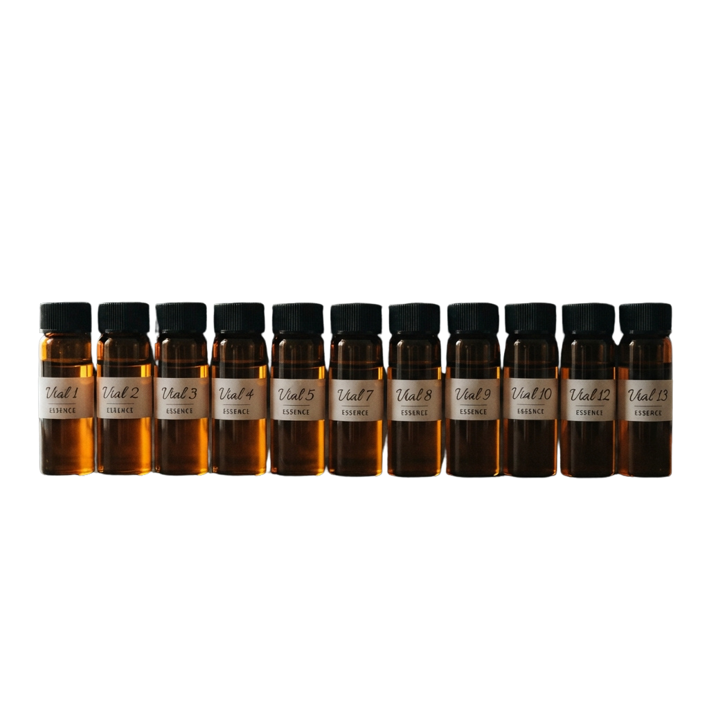 Thirteen small amber glass vials labeled Essence with black caps lined up in a row