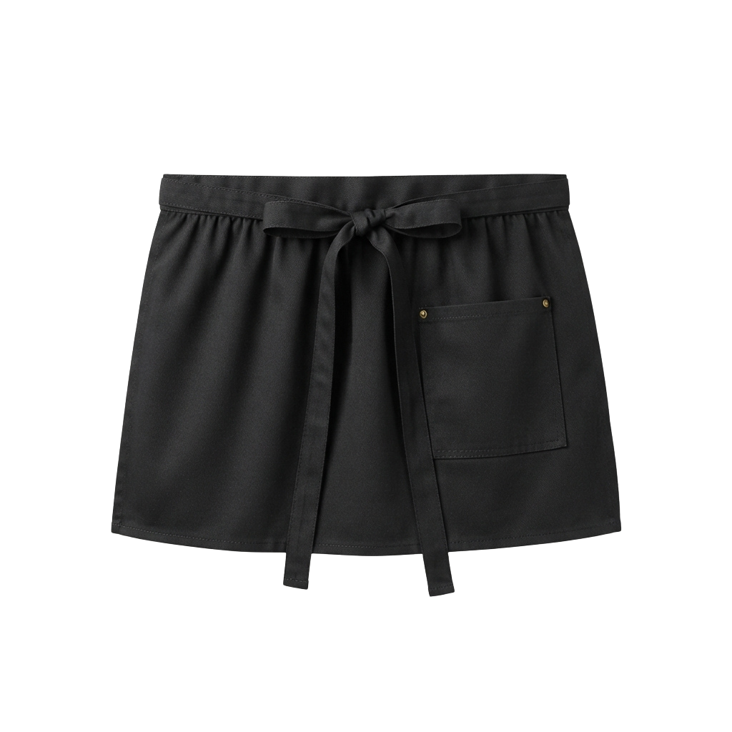 A gray skirt with a tie waist and a small side pocket featuring a button closure.