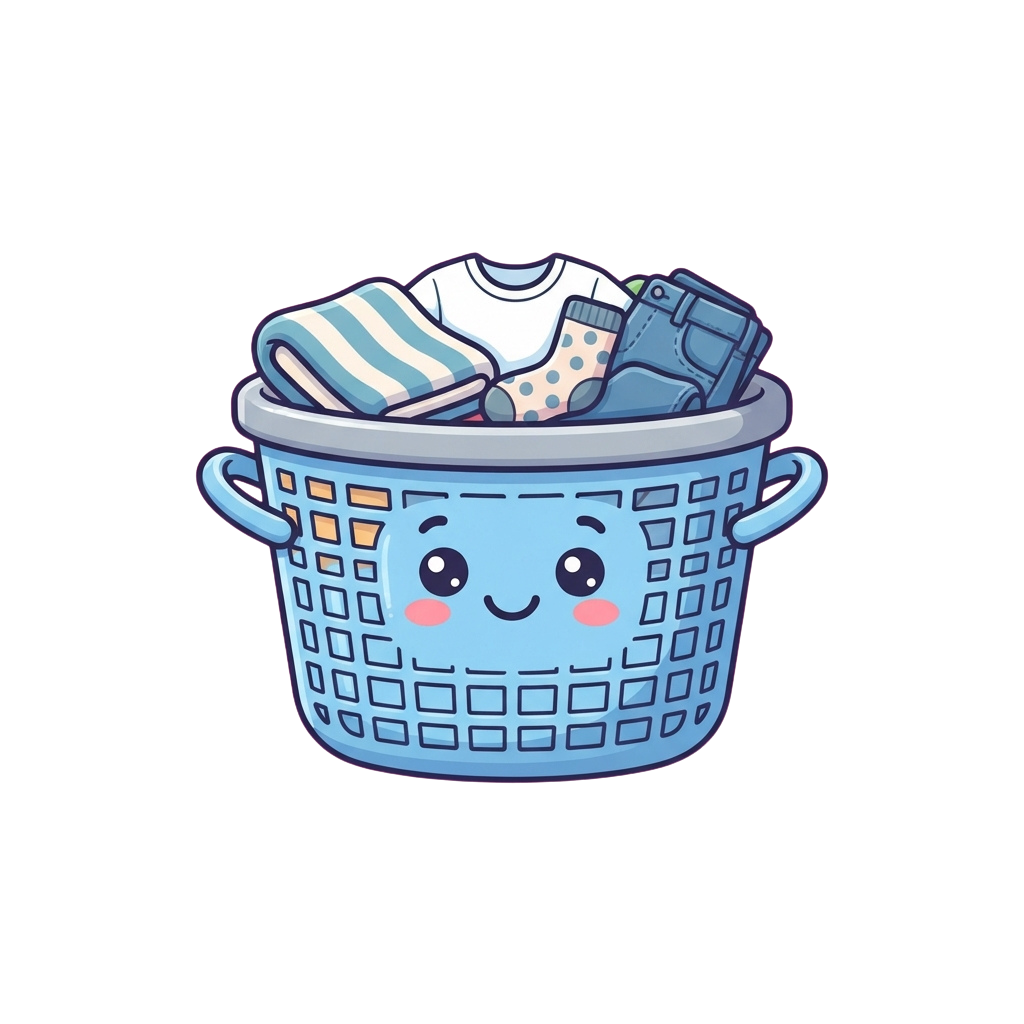 A smiling laundry basket filled with baby clothes including a striped shirt, onesie, socks, and pants