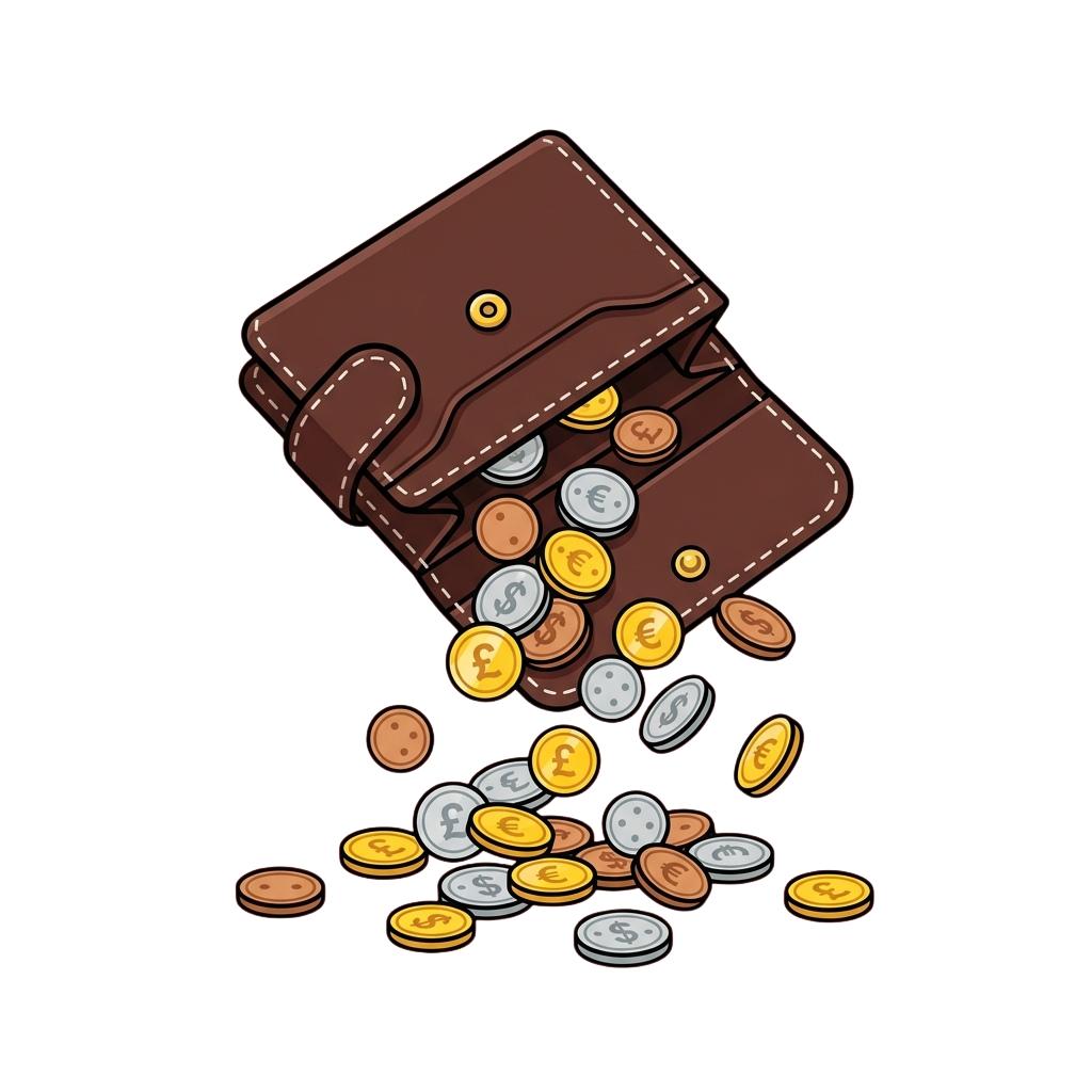 Illustration of a brown wallet spilling out various British coins onto a dark background