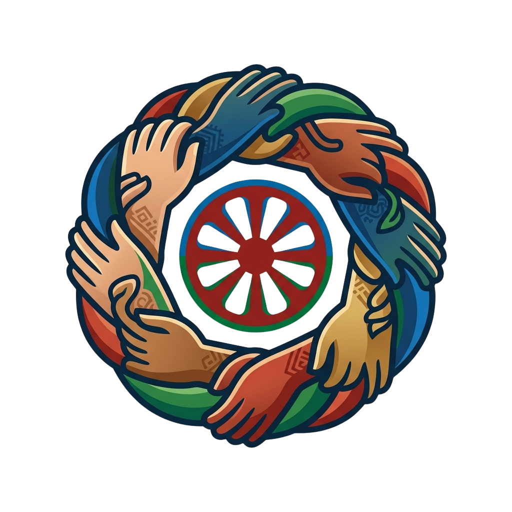 Eight colorful hands of different skin tones joined together in a circular pattern around a central red wheel design.