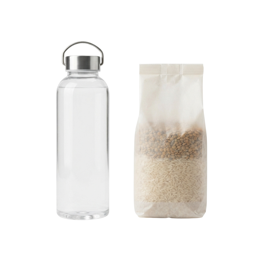 A clear glass water bottle with a metal lid next to a white paper packet filled with seeds.