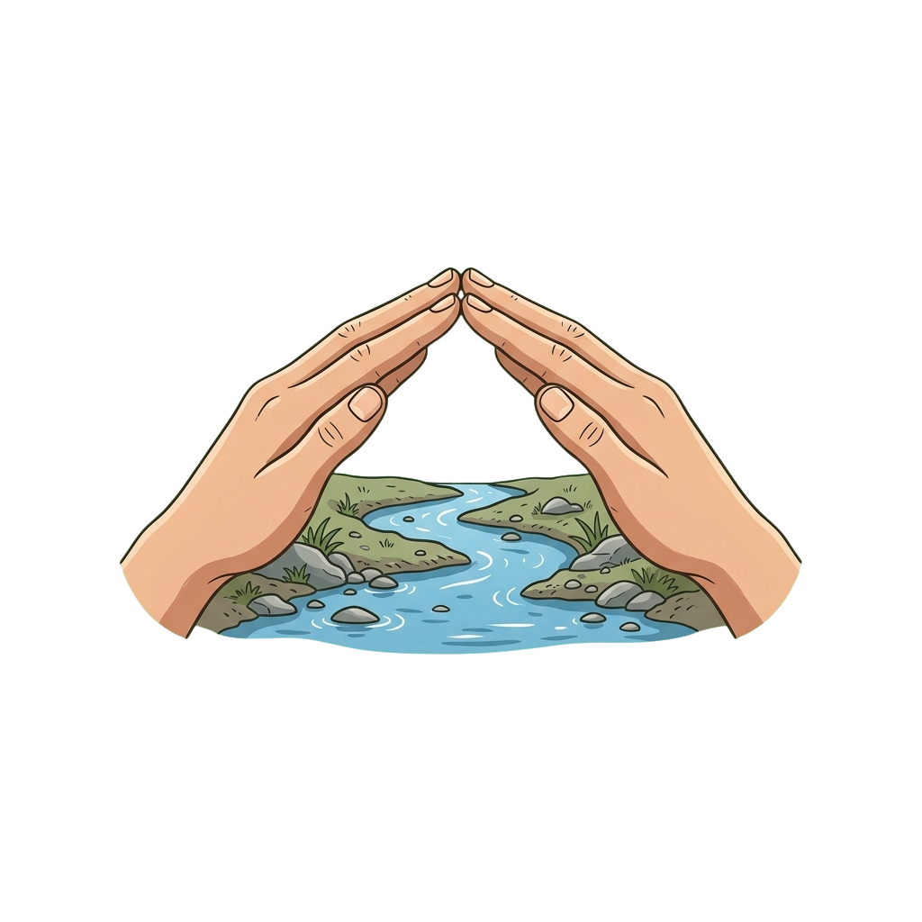 Two hands forming a protective triangle over a small pond with rocks and greenery