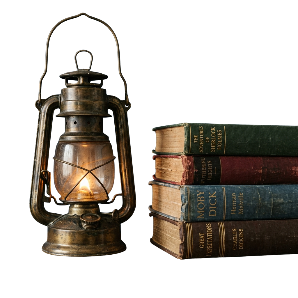 A lit vintage lantern next to a stack of old classic literature books