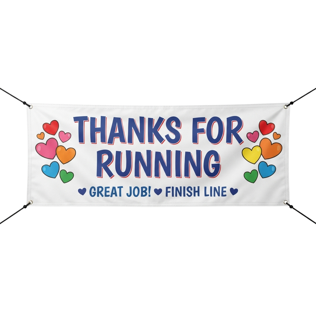 White banner with colorful hearts and text reading Thanks for Running, Great Job Finish Line