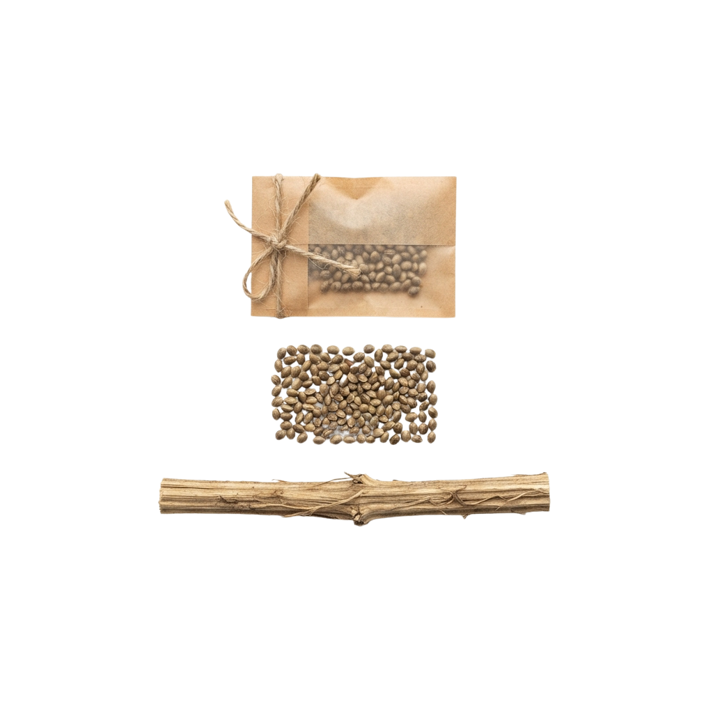 A beaded craft kit featuring a small pouch with beads, a bundle of beads, and a piece of twine tied to a wooden stick