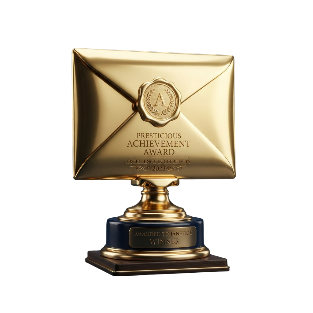 Golden award trophy shaped like an envelope with laurel wreath seal, labeled Excellence in Creativity 2023
