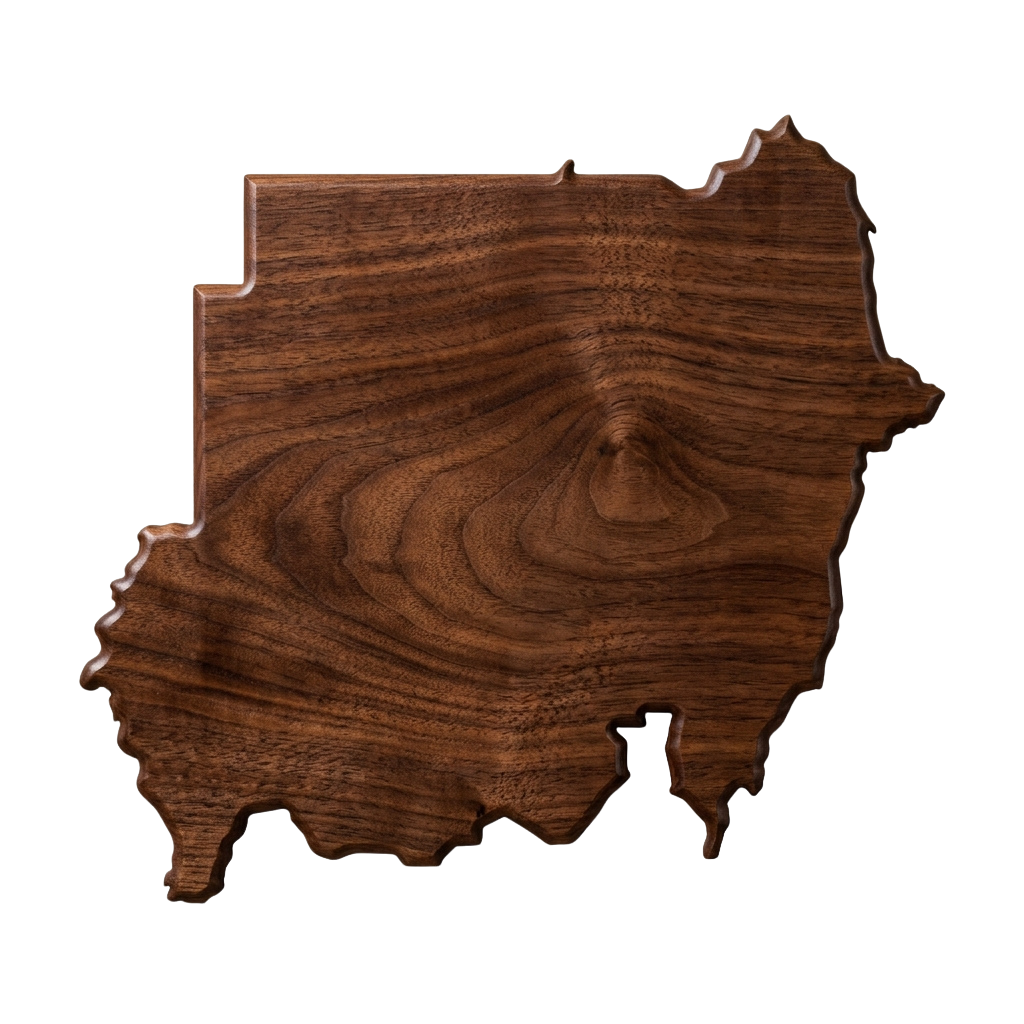 A wooden texture cutout shaped like an African country outline against a black background