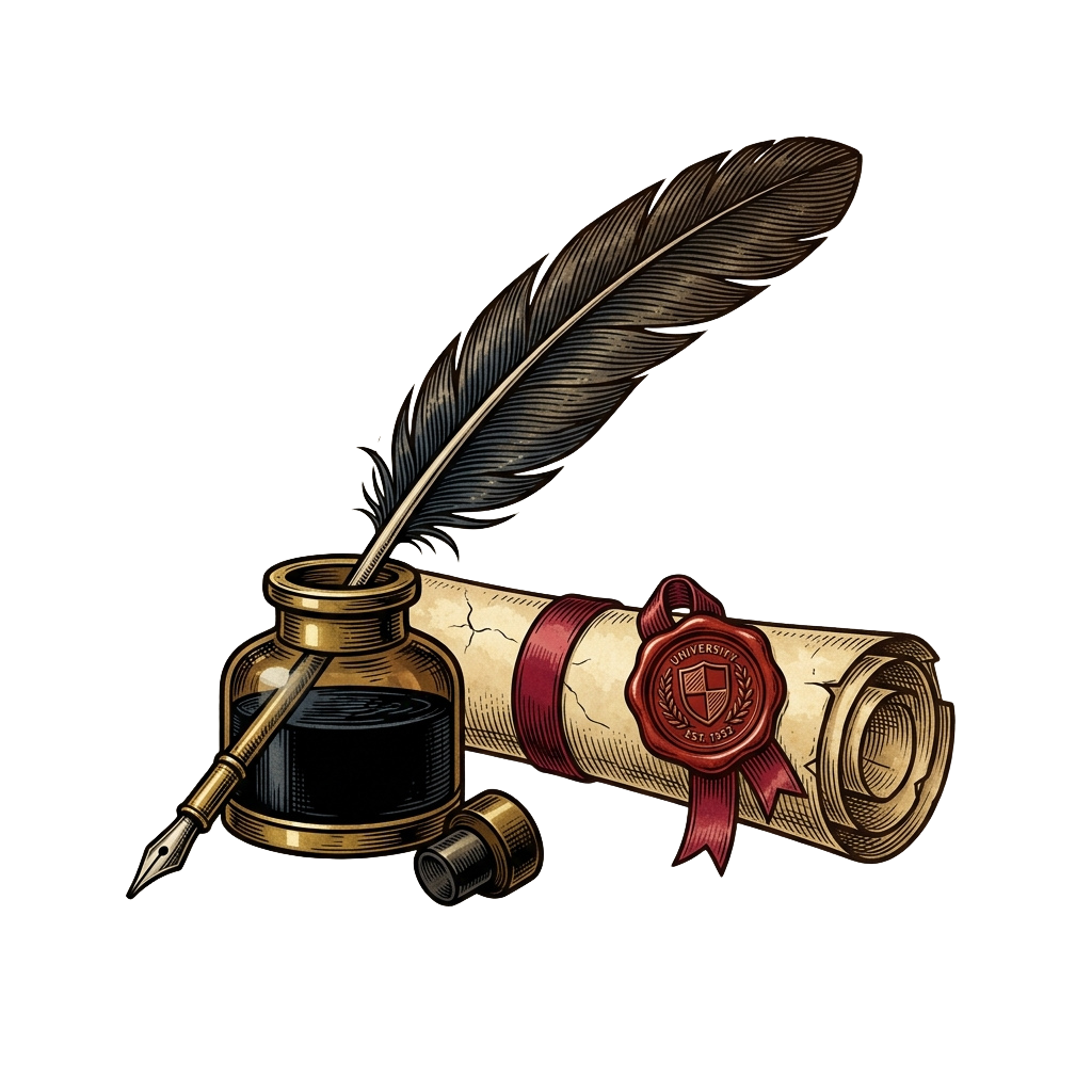 Illustration of an antique quill pen in an inkwell resting on rolled parchment with a red wax seal
