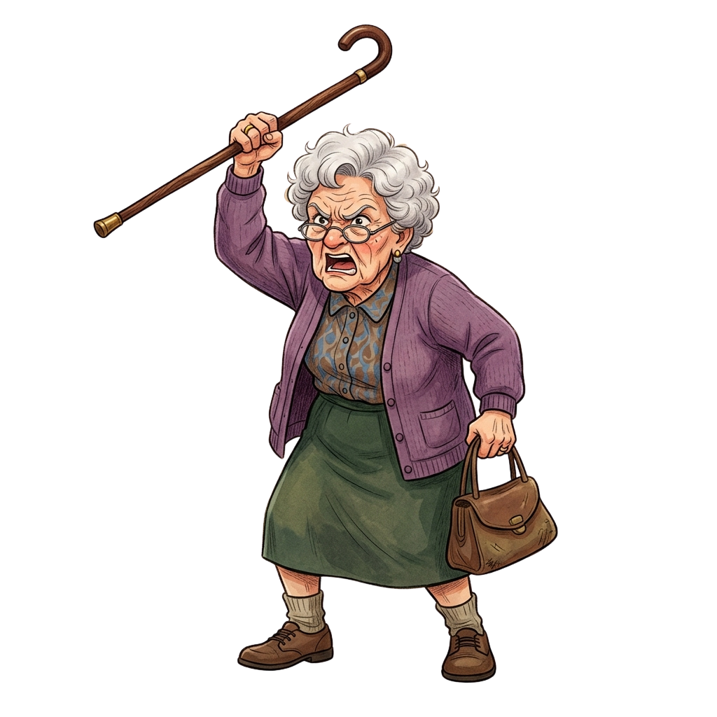 Angry elderly woman holding a cane in one hand and a handbag in the other, standing aggressively against a black background