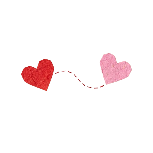 Two paper-style hearts in red and pink connected by a dotted line on a black background