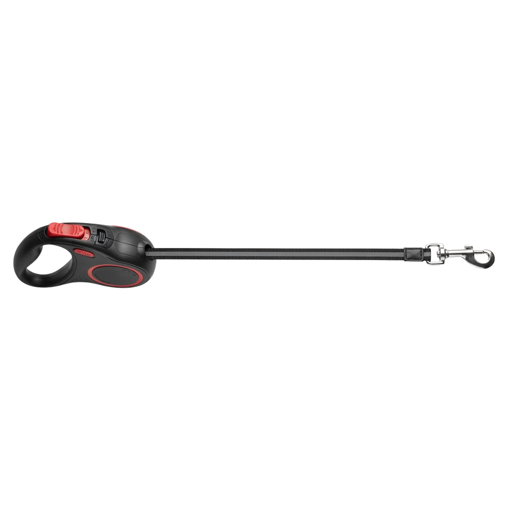 Retractable dog leash with black and red handle, extended to full length