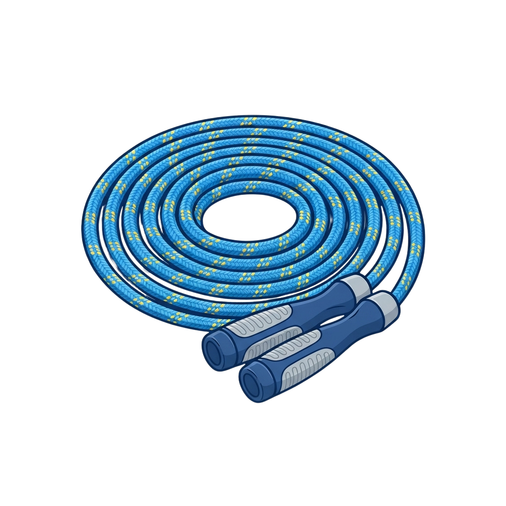 A coiled blue braided jump rope with attached handles laid out on a black background