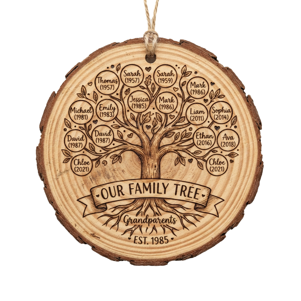 Wooden ornament featuring a family tree with names and birth years, labeled Our Family Tree with grandparents established 1985