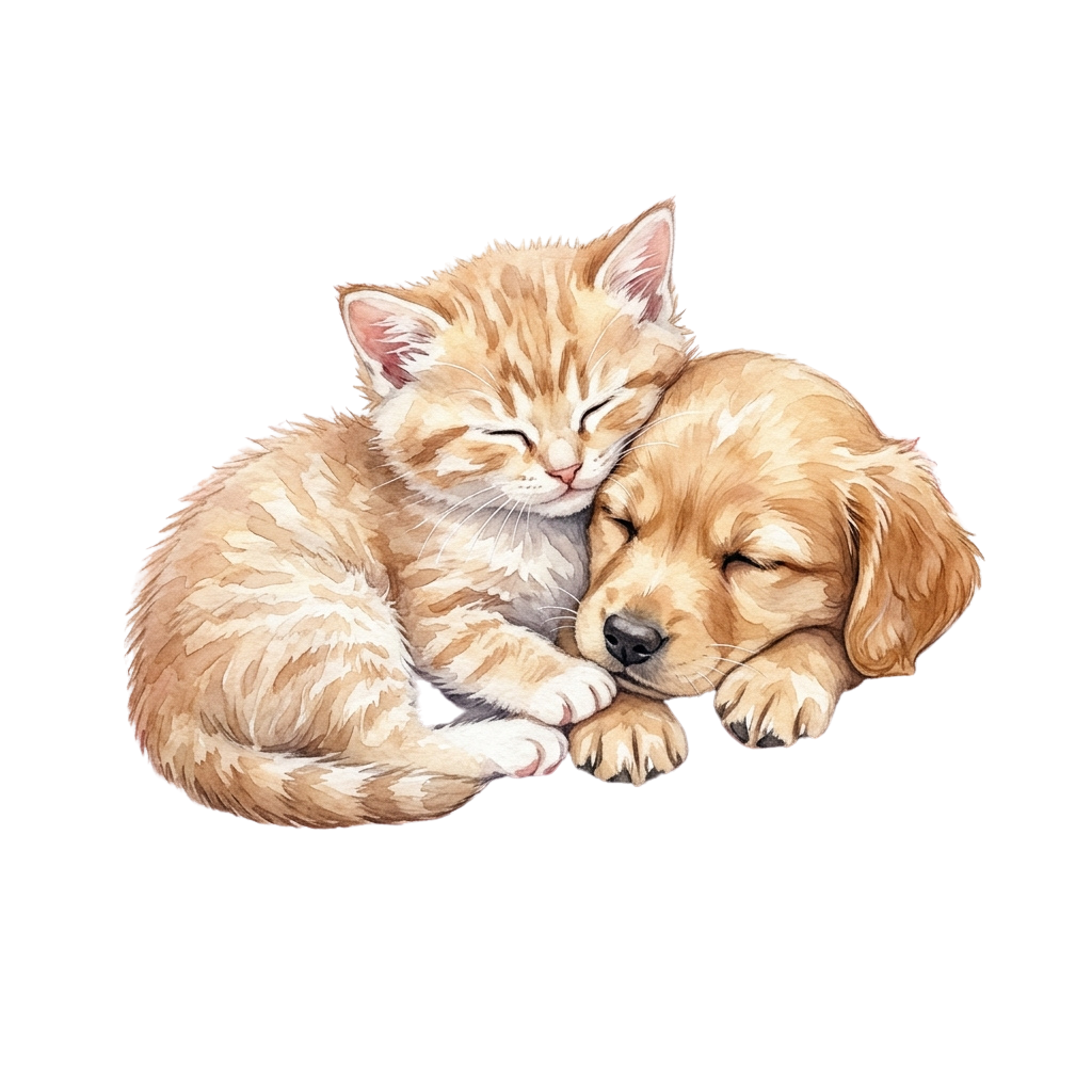 A kitten and puppy sleeping closely together in a warm embrace against a black background
