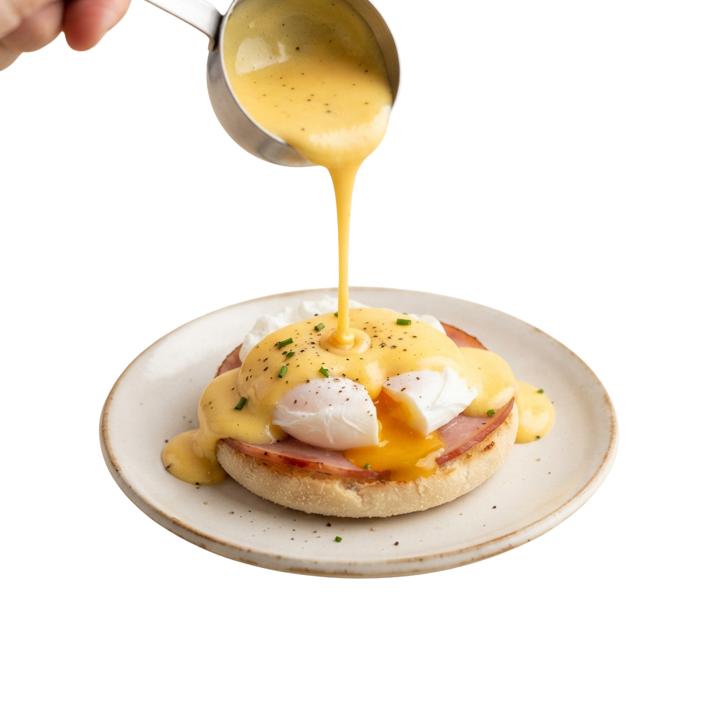 A plate of Eggs Benedict topped with poached eggs, ham, and a stream of Hollandaise sauce being poured over it