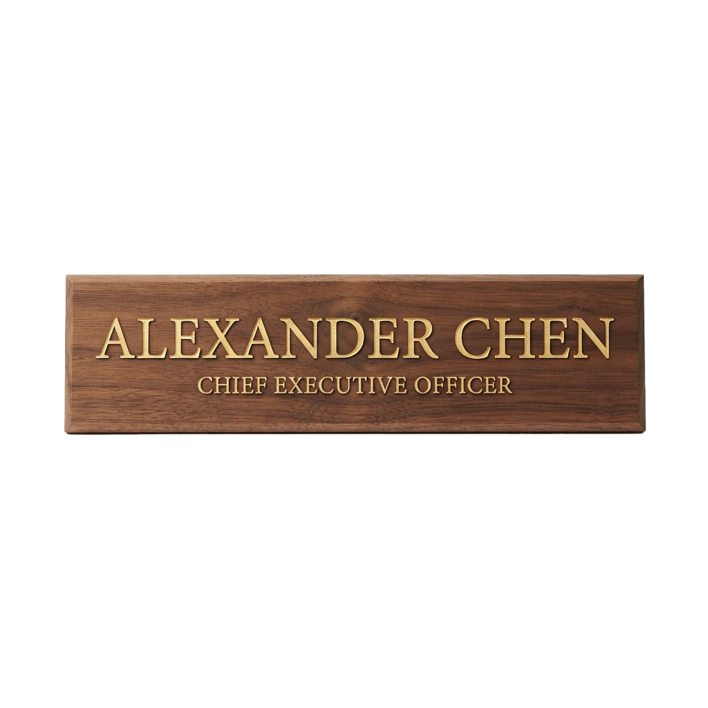 A wooden nameplate displaying the text Alexander Chen Chief Executive Officer in gold lettering