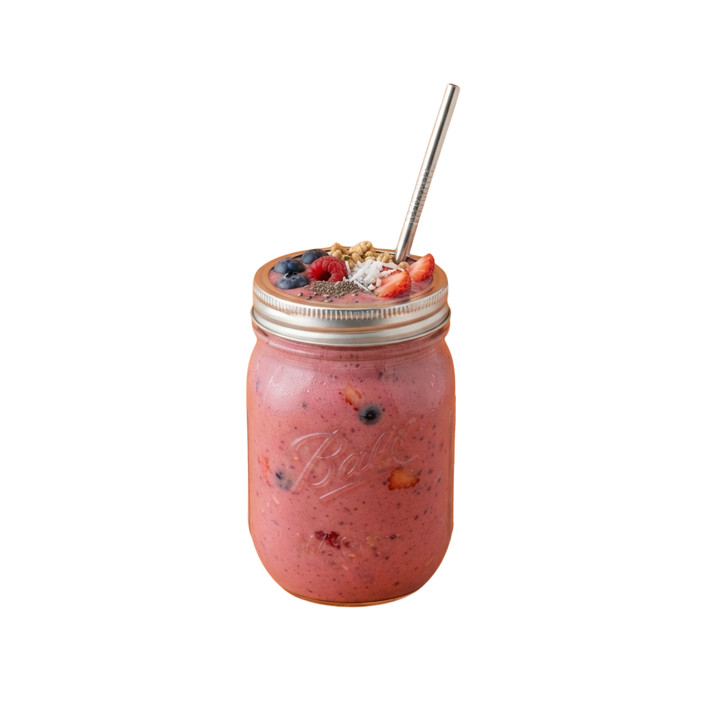 A mason jar filled with a berry smoothie topped with granola, berries, and a metal straw