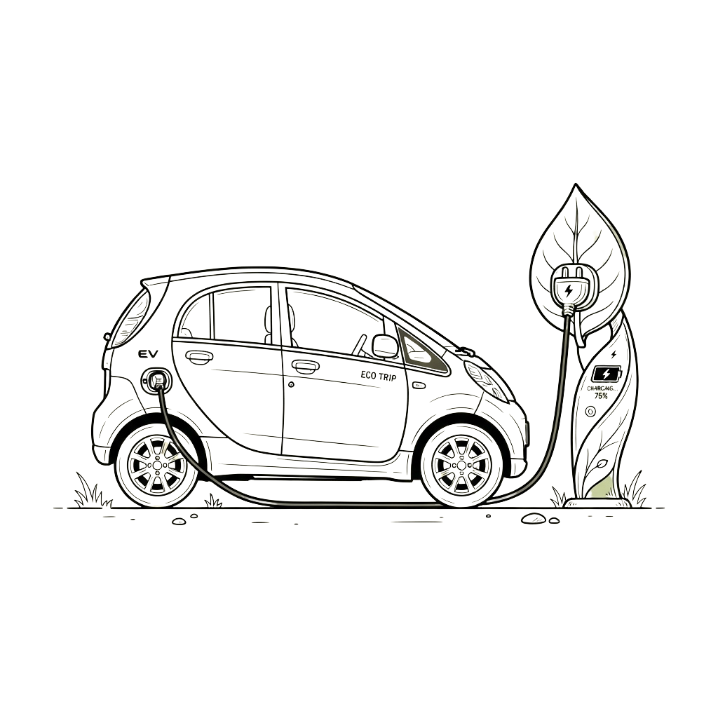 Line drawing of a small electric car plugged into a leaf-shaped charging station.