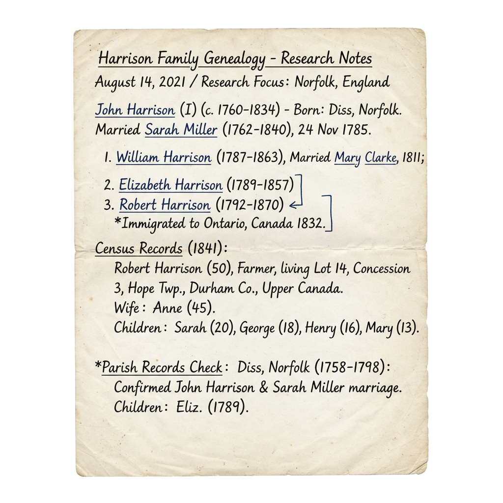 Handwritten genealogy notes detailing the Harrison family lineage and census records from Norfolk, England