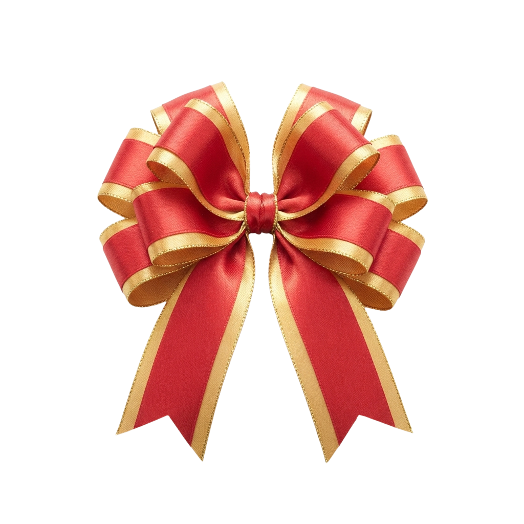 A decorative bow made of red ribbon with gold edges tied in a symmetrical loop shape